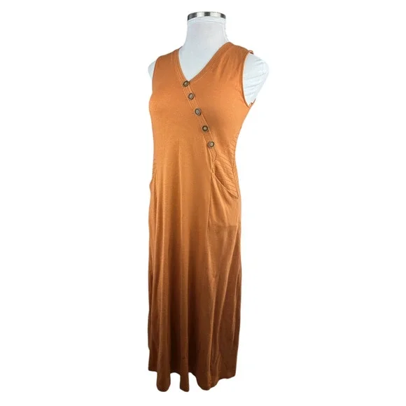 Soft Surroundings Rust Orange Maxi Dress Sleeveless Button Front Pockets Medium - Picture 3 of 14